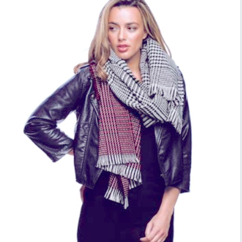 Black, Red and White Glen Checked Hem Dyed Scarf